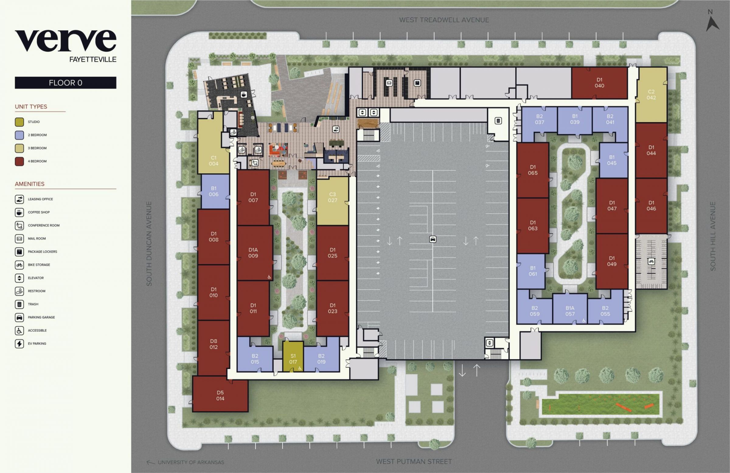 Floor plan of Verve Fayetteville, showing units, amenities, parking, and outdoor spaces on the first floor.