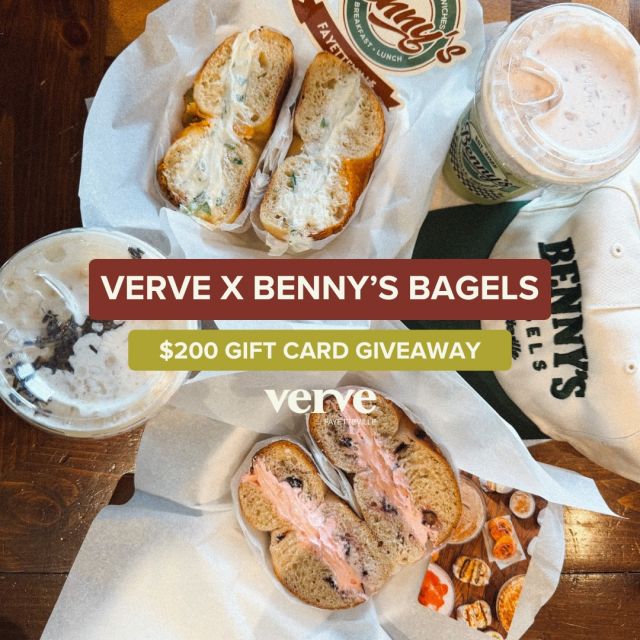 a true Fayetteville love language:
☕️ coffee
🥯 Benny’s
💸 not paying for either

enter to win a $200 Benny’s Bagels gift card:
• follow @vervefayetteville
• like this post
• tag your crew (1 comment = 1 entry) 
• Get Verified through the link in our bio for 10 bonus entries

winner announced 6/14 @ 4pm