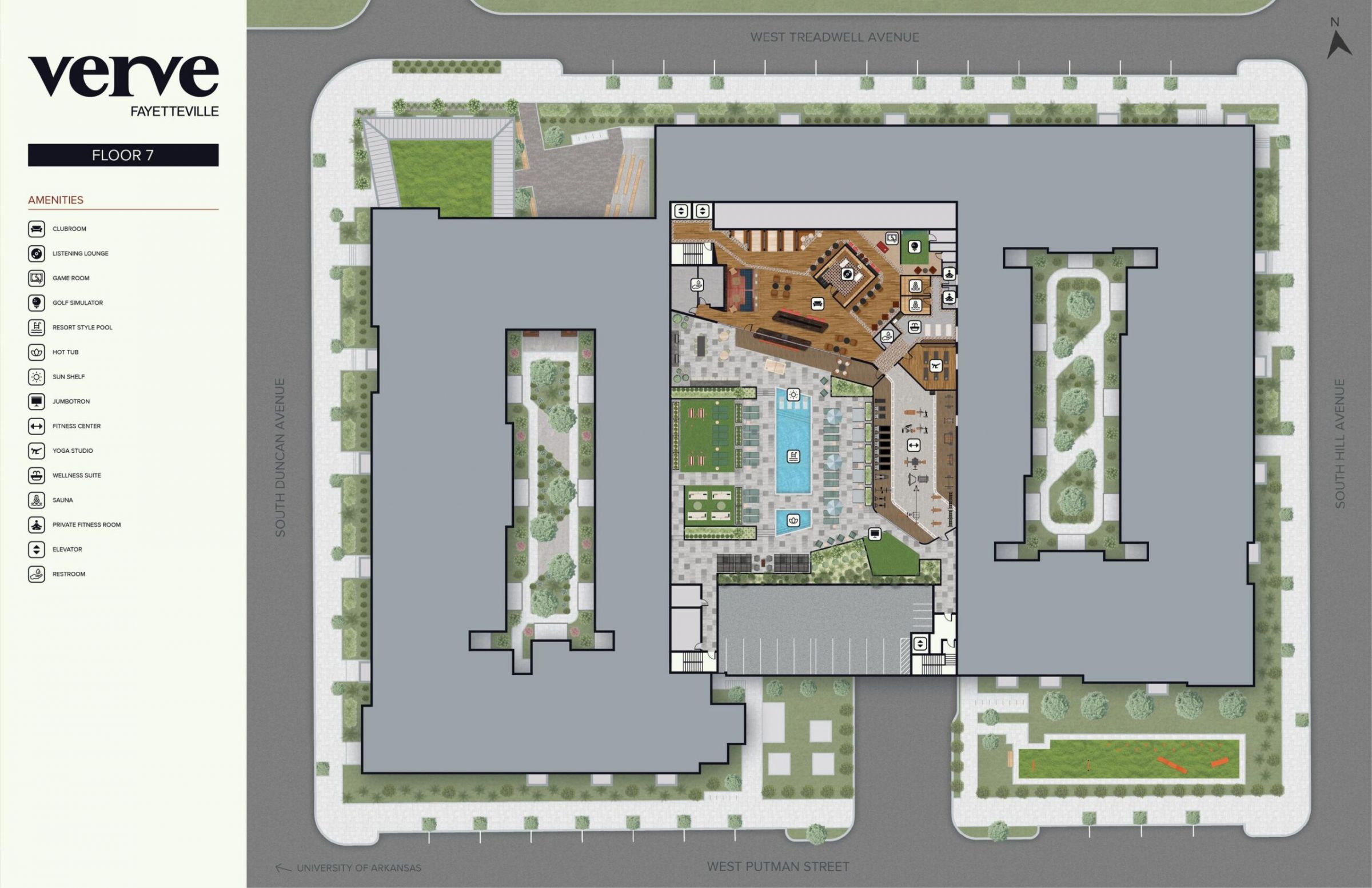 A floor plan of an apartment complex with a central pool area and surrounding rooms, labeled "Verve Fayetteville.