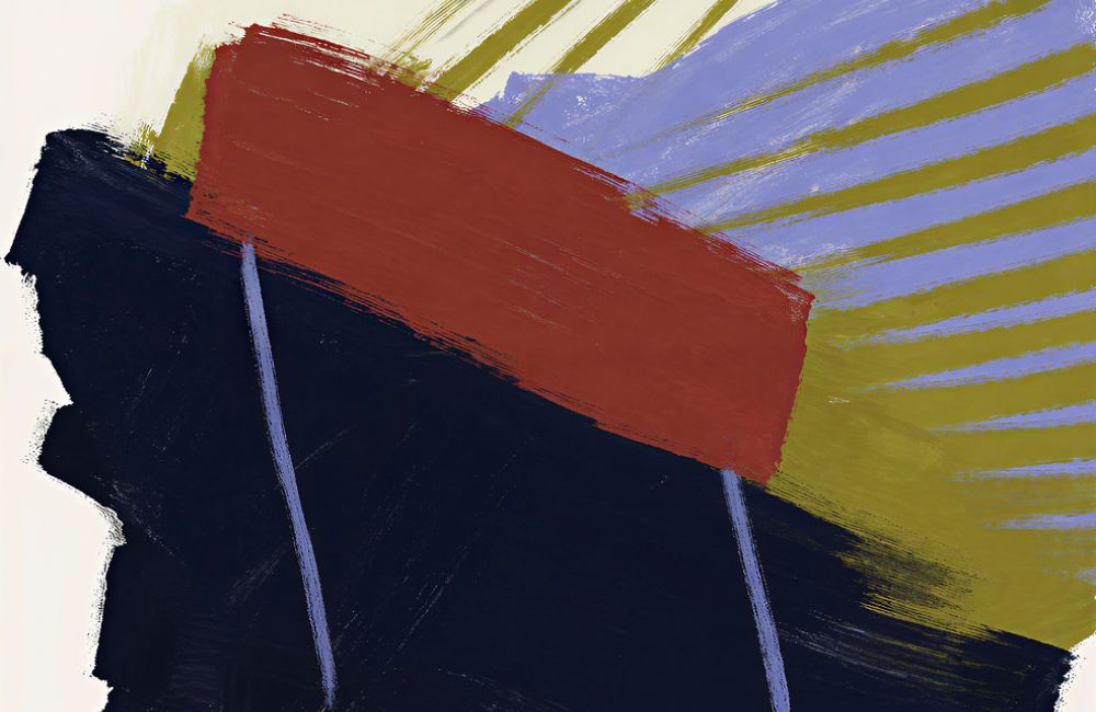 Abstract painting with a red rectangle, yellow lines, and dark blue and light blue brushstrokes on a white background.