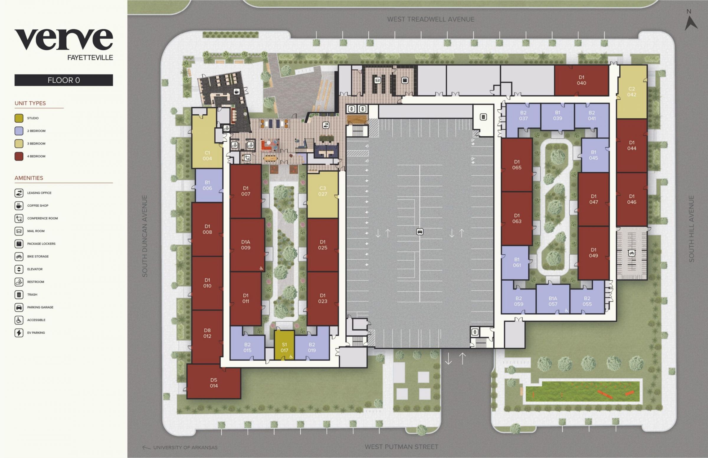 Floor plan of Verve Fayetteville, showing units, amenities, parking, and outdoor spaces on the first floor.