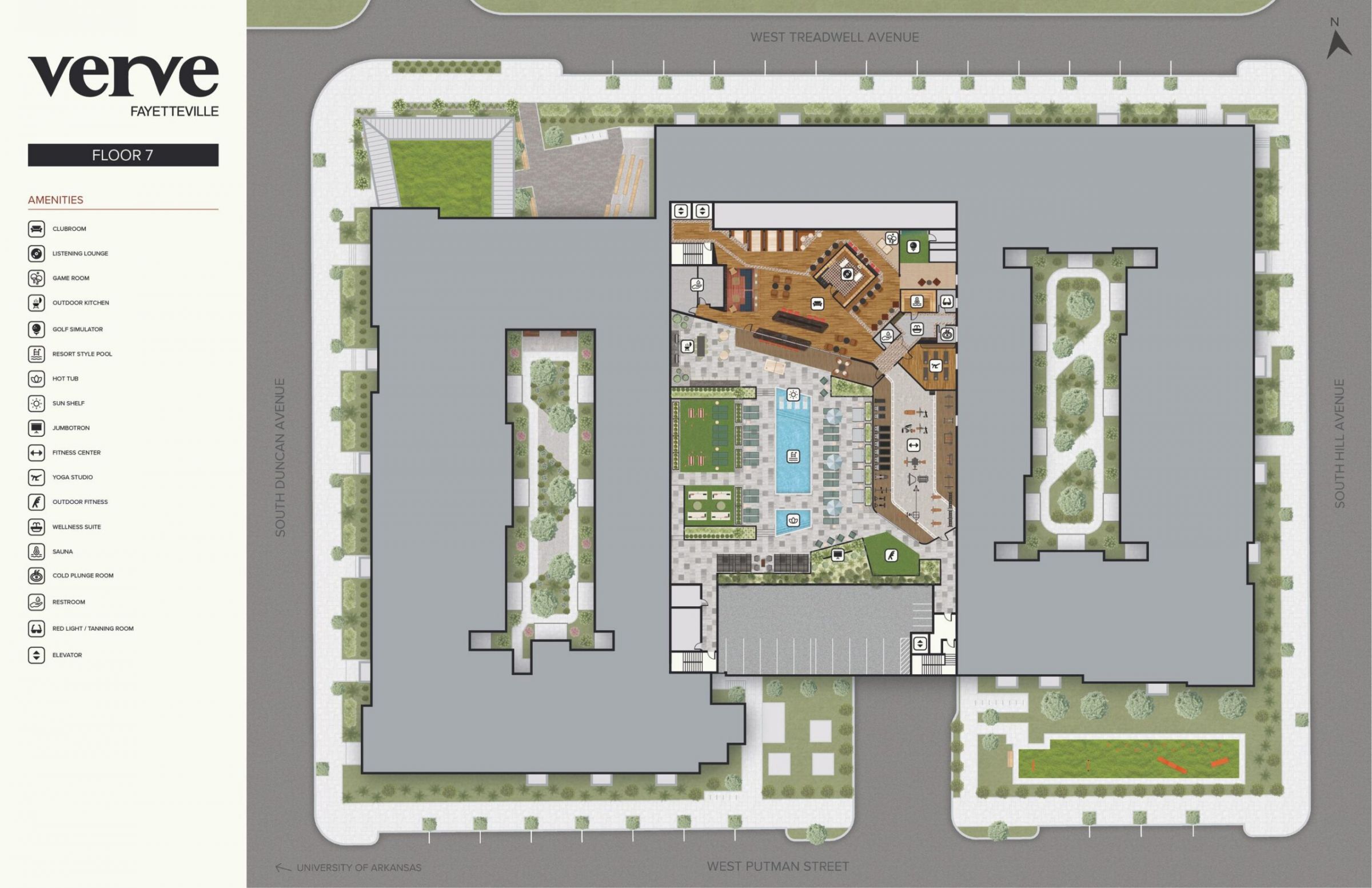 A floor plan of an apartment complex with a central pool area and surrounding rooms, labeled "Verve Fayetteville.
