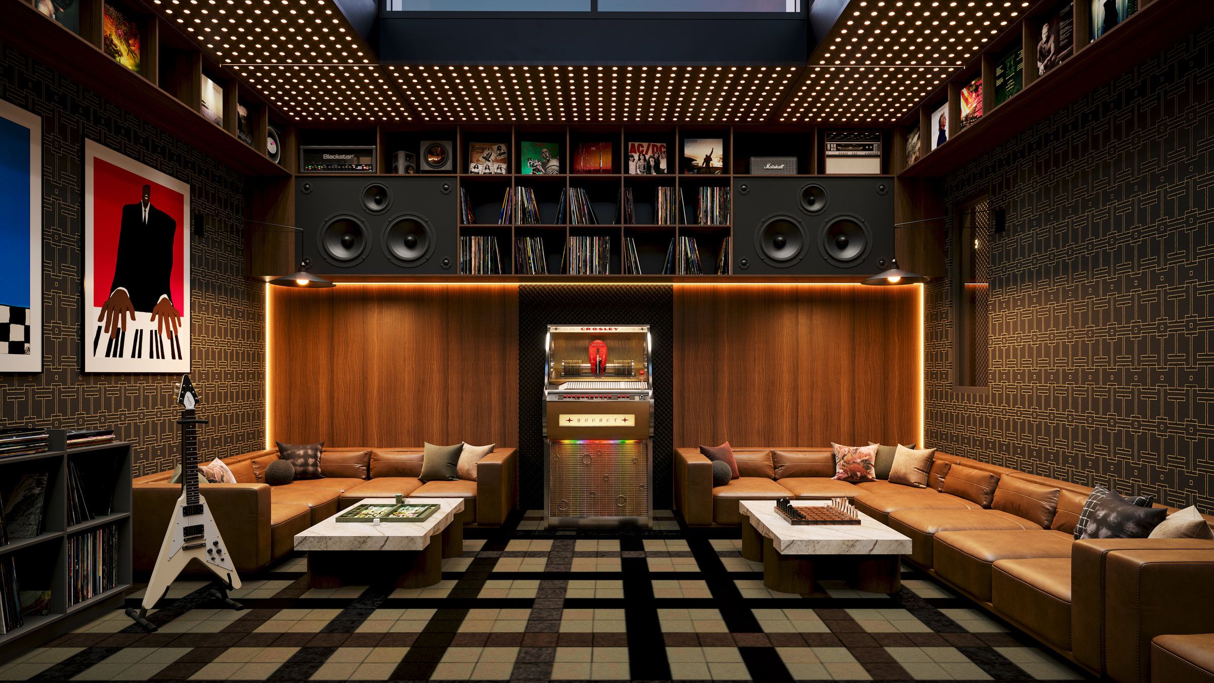 A stylish music-themed lounge with brown sofas, a jukebox, guitars, large speakers, records, and music posters.